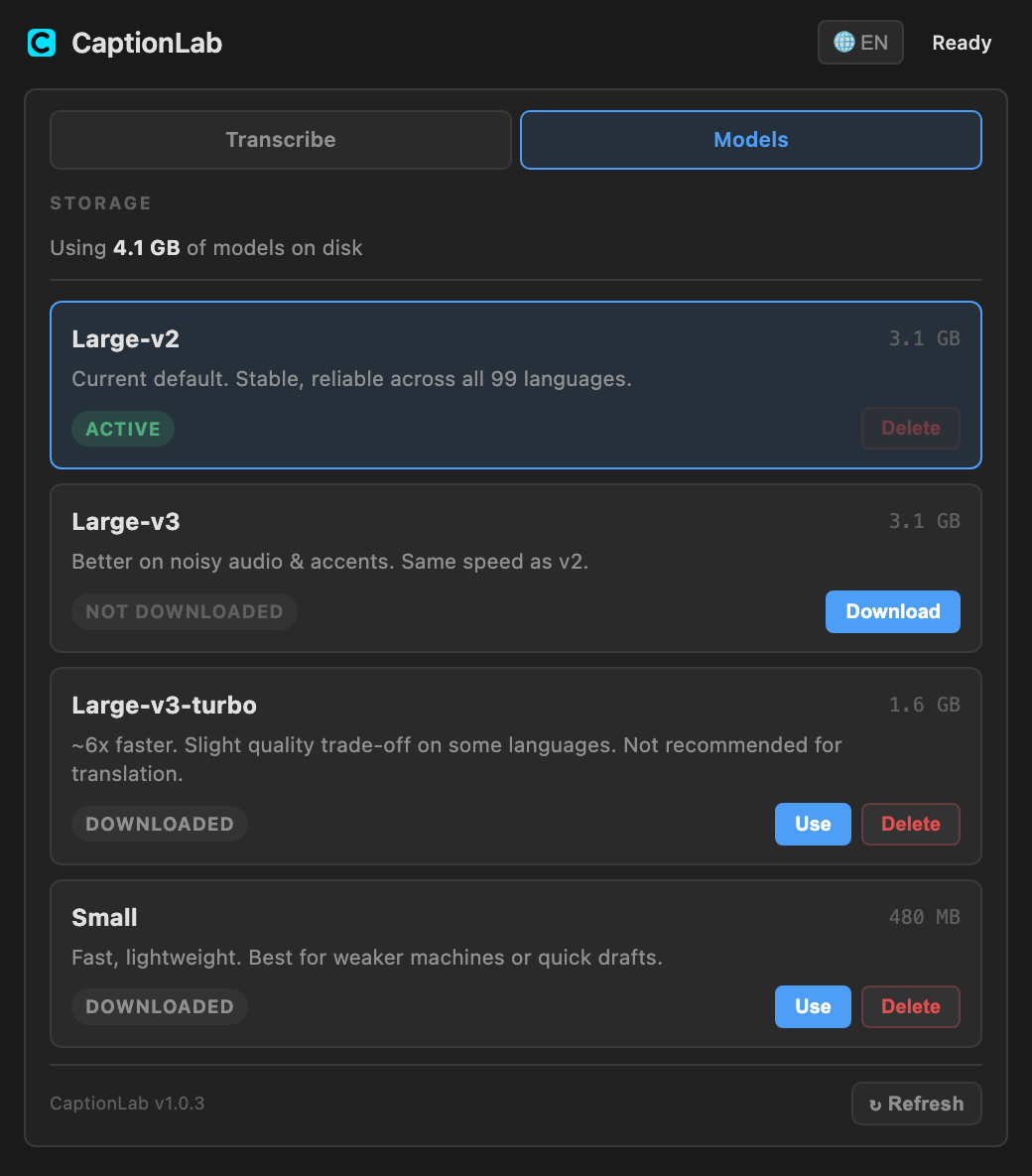 CaptionLab Models tab — choose, download, or delete Whisper AI models