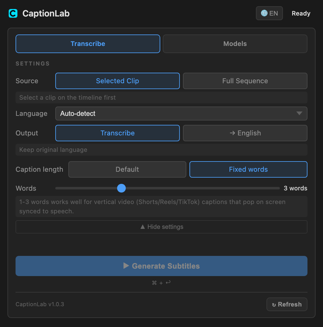 CaptionLab fixed-words caption length mode with a 1-8 word slider